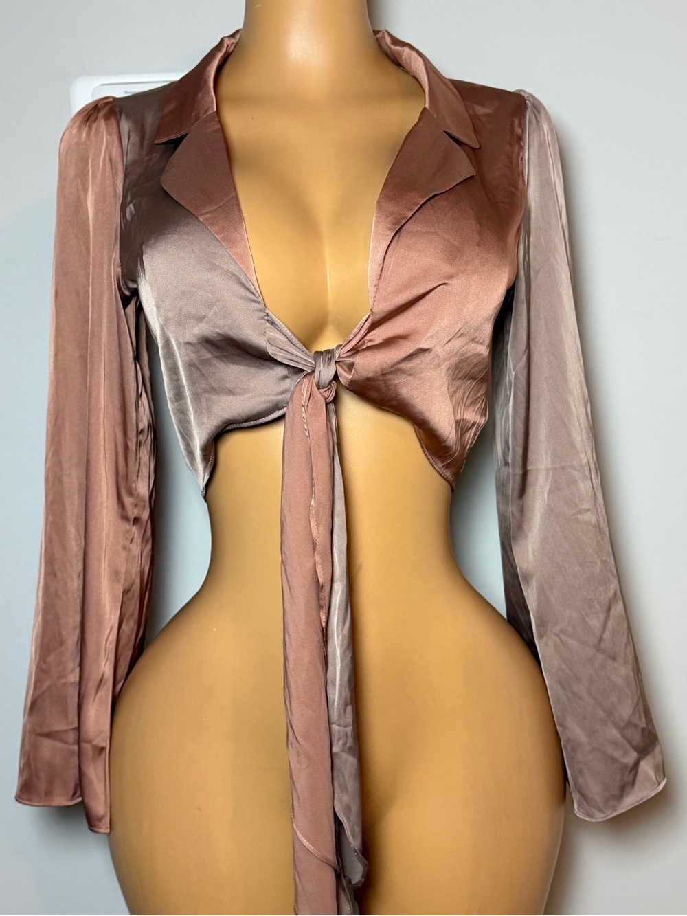 Le Lis Satin Tie-Front Crop Top - Rose Taupe Two-Tone